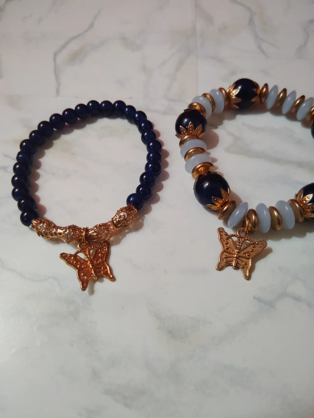 Gold Butterfly Charm Navy Bead Stretch Bracelet